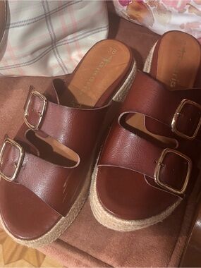 Tamaris Brown Double-Buckle Espadrille Slide Mules